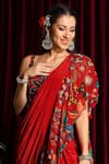 Shop_Aayushi Maniar_Red Blouse Organza, Saree Crepe Silk Square Neck Ruffle Pre-draped Set_Online_at_Aza_Fashions