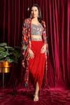 Buy_Aayushi Maniar_Red Cape Habutai Embroidery Open Printed And Skirt Set _at_Aza_Fashions