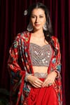 Aayushi Maniar_Red Cape Habutai Embroidery Open Printed And Skirt Set _at_Aza_Fashions