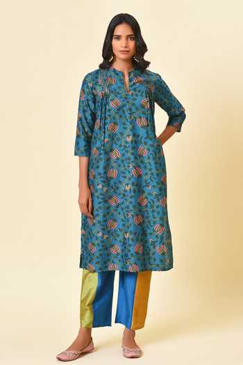 Buy_NUHH_Blue Crepe Silk Notched Printed Kurta And Pant Set _at_Aza_Fashions