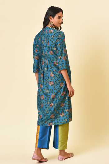 Shop_NUHH_Blue Crepe Silk Notched Printed Kurta And Pant Set _at_Aza_Fashions