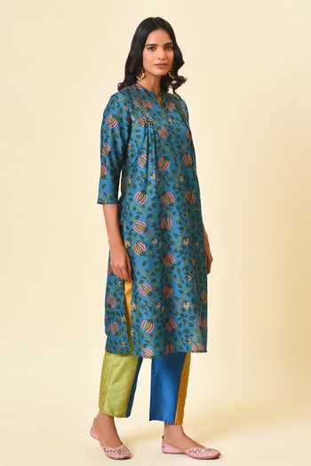 NUHH_Blue Crepe Silk Notched Printed Kurta And Pant Set _Online_at_Aza_Fashions