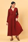 Buy_NUHH_Maroon 100% Polyester V Neck Pleated Midi Dress  _at_Aza_Fashions