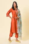 NUHH_Orange Art Silk Embroidery Straight Kurta Set With Printed Dupatta  _Online_at_Aza_Fashions