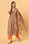 Buy_NUHH_Beige Chanderi Embroidery V Neck Printed Kurta Set  _at_Aza_Fashions