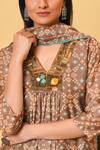 Shop_NUHH_Beige Chanderi Embroidery V Neck Printed Kurta Set  _Online_at_Aza_Fashions