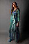 Buy_Show Shaa_Blue Luxurious Silk Embroidery V Neck Organza Iridescent Jacket And Pant Set _at_Aza_Fashions