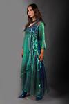 Show Shaa_Blue Luxurious Silk Embroidery V Neck Organza Iridescent Jacket And Pant Set _Online_at_Aza_Fashions