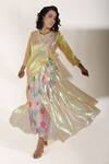 Buy_Show Shaa_Gold Iridescent Organza, Luxurious Silk Dress V-neck Slip Sweetheart Set_Online_at_Aza_Fashions