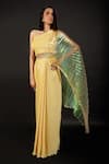 Buy_Show Shaa_Yellow Pleated Satin Embroidery One Shoulder Pre-draped Saree With Blouse _at_Aza_Fashions