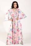 Shop_Show Shaa_Peach Georgette V Neck Floral Print Dress_Online_at_Aza_Fashions