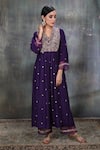 Label Niti Bothra_Purple Base Fabric Silk Embroidery V Neck Leaf Motif Kurta And Palazzo Set _Online_at_Aza_Fashions