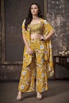 Buy_Namrata Lakhotia_Yellow Crepe Embroidery Cape Open Blouse Printed And Palazzo Set  _at_Aza_Fashions