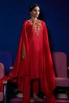 Buy_Shikha Mehta_Red Cotton Glaze, Silk Chanderi Round Olivia Kaftan And Pant Set_at_Aza_Fashions