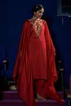 Shop_Shikha Mehta_Red Cotton Glaze, Silk Chanderi Round Olivia Kaftan And Pant Set_at_Aza_Fashions