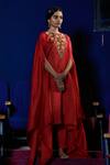 Shikha Mehta_Red Cotton Glaze, Silk Chanderi Round Olivia Kaftan And Pant Set_Online_at_Aza_Fashions