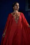 Buy_Shikha Mehta_Red Cotton Glaze, Silk Chanderi Round Olivia Kaftan And Pant Set_Online_at_Aza_Fashions