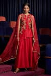 Buy_Shikha Mehta_Red Organza, Chanderi Notched Sayraa Jacket Set_at_Aza_Fashions