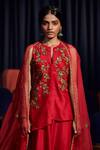 Shop_Shikha Mehta_Red Organza, Chanderi Notched Sayraa Jacket Set_at_Aza_Fashions