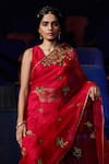 Shop_Shikha Mehta_Red Silk Organza V Neck Rumi Saree With Blouse _at_Aza_Fashions