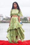 Buy_PUNIT BALANA_Green Satin Silk Printed Round Ruffle Skirt And Crop Top Set _at_Aza_Fashions