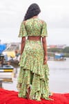 Shop_PUNIT BALANA_Green Satin Silk Printed Round Ruffle Skirt And Crop Top Set _at_Aza_Fashions