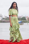 PUNIT BALANA_Green Satin Silk Printed Round Ruffle Skirt And Crop Top Set _Online_at_Aza_Fashions