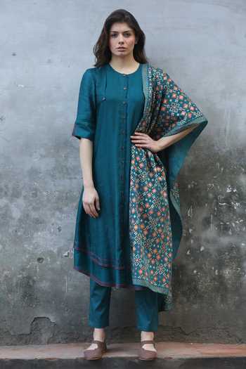 Buy_I Am Design_Blue Linen Satin Round Kurta Set _at_Aza_Fashions