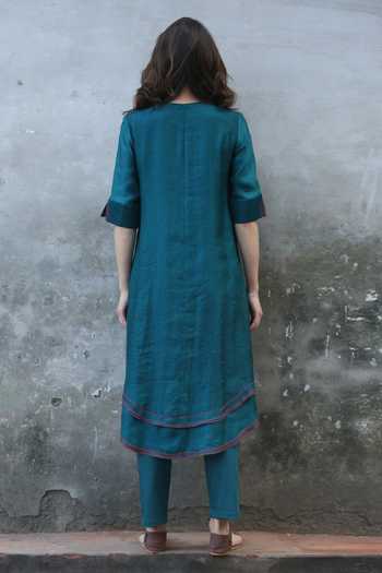 Shop_I Am Design_Blue Linen Satin Round Kurta Set _at_Aza_Fashions