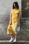 Buy_I Am Design_Yellow Round Linen Satin Dress _Online_at_Aza_Fashions