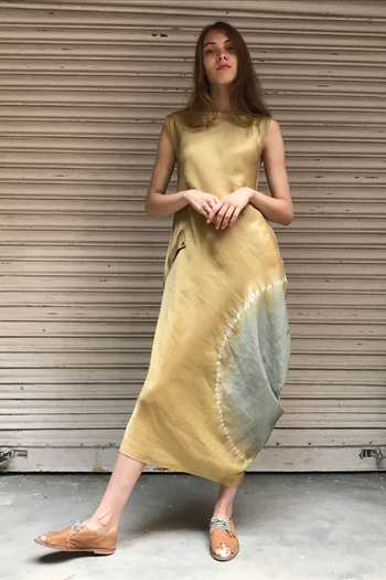Buy_I Am Design_Beige Round Linen Satin Dress _at_Aza_Fashions