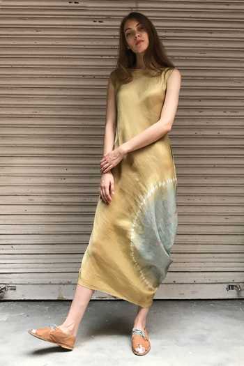 Shop_I Am Design_Beige Round Linen Satin Dress _at_Aza_Fashions