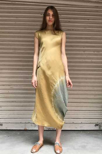 I Am Design_Beige Round Linen Satin Dress _Online_at_Aza_Fashions