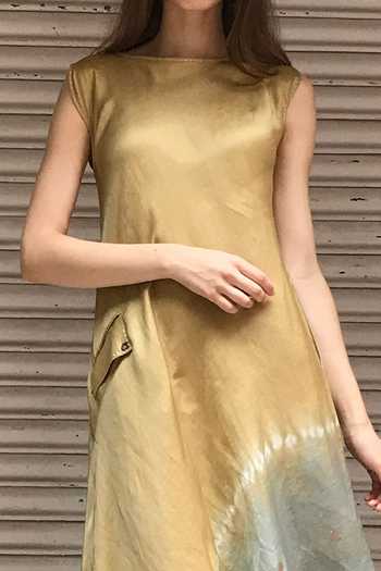 Shop_I Am Design_Beige Round Linen Satin Dress _Online_at_Aza_Fashions