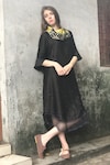 Shop_I am Design_Black Cowl Linen Satin Ikat Dress_at_Aza_Fashions