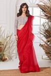 Buy_Stotram_Red Embellished Zardozi V Neck Pre-draped Ruffle Saree With Blouse_at_Aza_Fashions