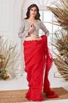 Shop_Stotram_Red Embellished Zardozi V Neck Pre-draped Ruffle Saree With Blouse_at_Aza_Fashions