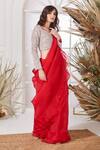 Buy_Stotram_Red Embellished Zardozi V Neck Pre-draped Ruffle Saree With Blouse_Online_at_Aza_Fashions