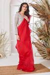 Shop_Stotram_Red Embellished Zardozi V Neck Pre-draped Ruffle Saree With Blouse_Online_at_Aza_Fashions