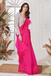 Stotram_Pink Embellished Zardozi U Neck Ruffle Pre-draped Saree With Blouse _Online_at_Aza_Fashions