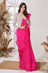 Buy_Stotram_Pink Embellished Zardozi U Neck Ruffle Pre-draped Saree With Blouse _Online_at_Aza_Fashions