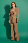 Asra_Brown Scuba Georgette Plain Jacket Collar Top Square And Pant Set _Online_at_Aza_Fashions