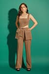 Buy_Asra_Brown Scuba Georgette Plain Jacket Collar Top Square And Pant Set _Online_at_Aza_Fashions