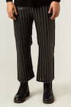 Siddhant Agrawal_Black Pu Leather Lining Poly Textured Crepe Striped Trouser _at_Aza_Fashions