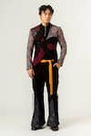 Siddhant Agrawal Label_Black Poly Knit Textured Crepe Printed Flared Trouser With Belt  _Online_at_Aza_Fashions