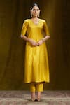 Buy_Weaver Story_Yellow Mulberry Silk Lining Cotton V Neck Kalidar Kurta And Pant Set _at_Aza_Fashions