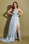 Buy_Asra_Blue Satin V Neck Gown With Pleated Draped Belt _at_Aza_Fashions