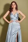 Shop_Asra_Blue Satin V Neck Gown With Pleated Draped Belt _Online_at_Aza_Fashions