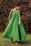 Kharakapas_Green Cotton Poplin V Neck Leafy Meadows Dress _Online_at_Aza_Fashions