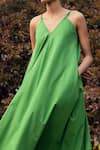 Kharakapas_Green Cotton Poplin V Neck Leafy Meadows Dress _at_Aza_Fashions